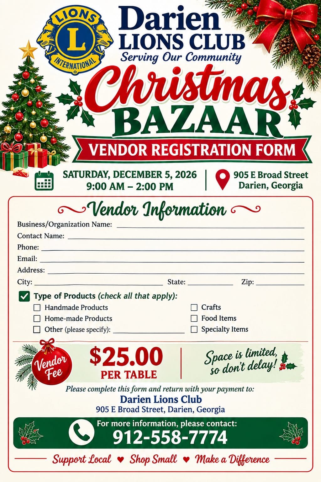 Darien Lions Club 2026 Christmas Bzaar Registration